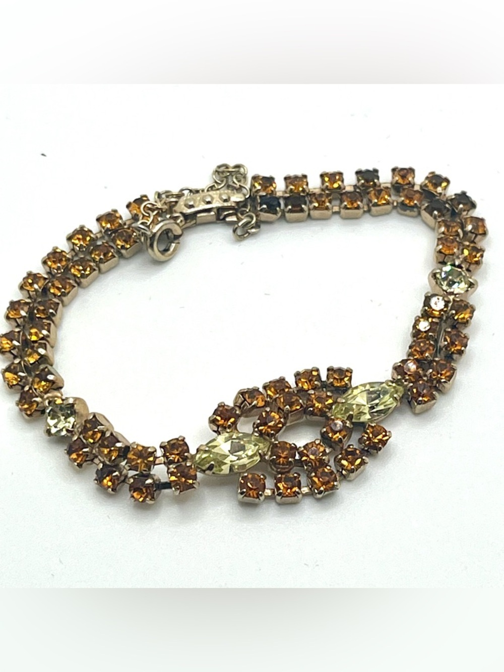 Vintage amber rhinestone bracelet, light yellow navette stones gold tone